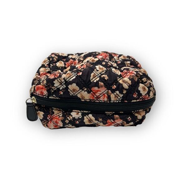 Anne Klein Quilted Floral Fabric Travel Zippered Cosmetic Bag Black Pink - Picture 5 of 8